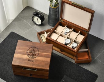 Personalized Rustic Watch Box for Men with Removable Dividers Pillows and Pull-Out Drawers for Men Jewelry Father's Day or Valentine Gift