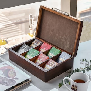 Custom Engraved Tea Box  Natural Acacia Wood 4-8 Compartments with Velvet Fabric Storage Inside  Personalized 50th Birthday Gift For Women