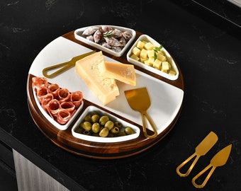 Modern Lazy Susan Turntable, Upgraded Round Charcuterie Board Set with Cheese Spreaders & 4 Nesting Dishes, Marble and Acacia Wood Gift Set