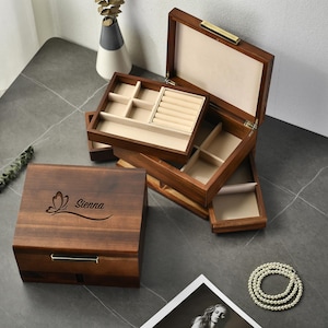 Wooden Jewelry Box Handmade Acacia Wood Box Ring Organizer Pull out Drawers with Dividers Tray Lined Compartments