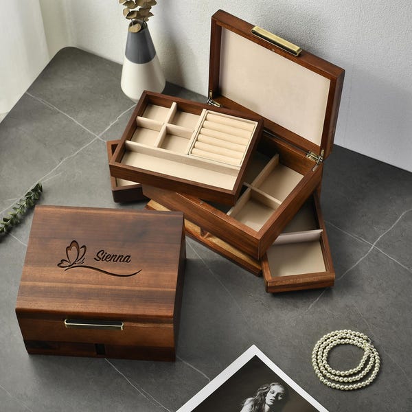 Wooden Jewelry Box Handmade Acacia Wood Box Ring Organizer Pull out Drawers with Dividers Tray Lined Compartments