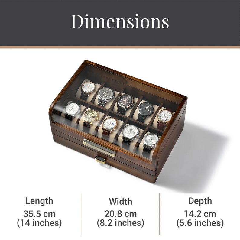 A wooden watch display case containing a collection of various watch models, with dimensions provided for each watch.