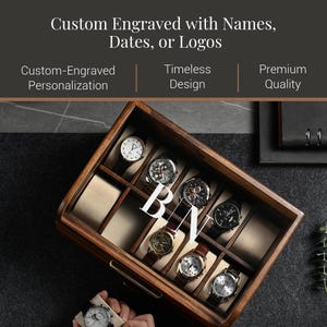 a wooden watch case with multiple watch faces displayed inside it.