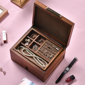 Custom Wooden Jewelry Box Engraved Organizer with Ring Cushions Necklace Storage Removable Tray Large Vintage Retro Women Anniversary Gift