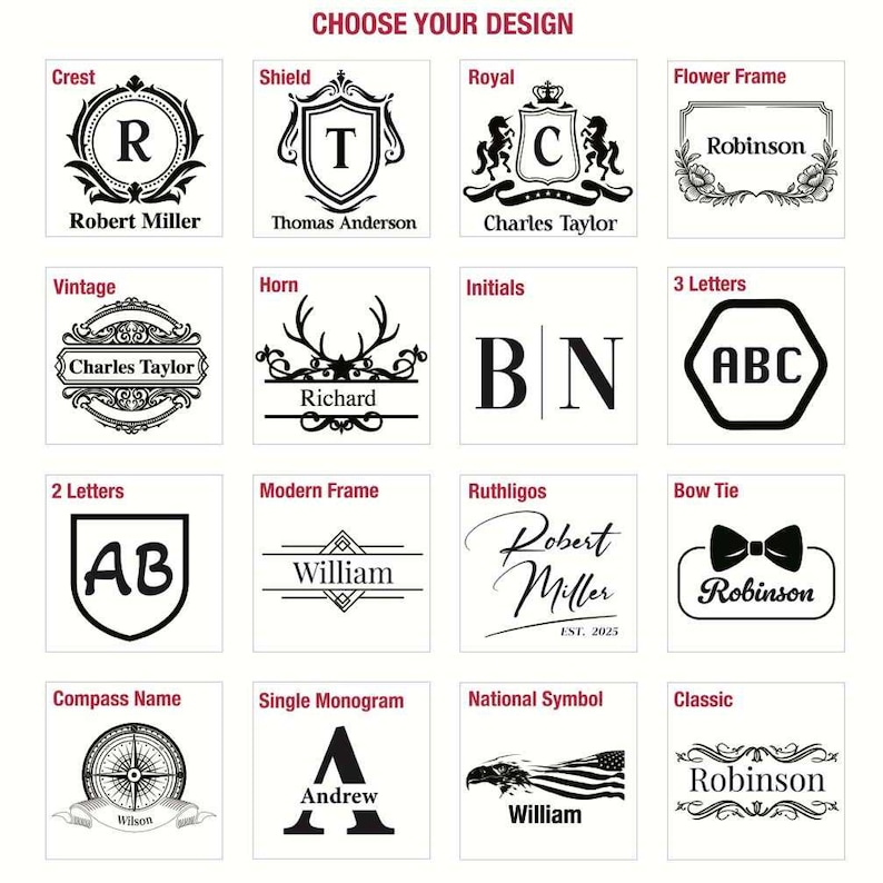 a collection of 16 different monogram designs, each featuring a unique combination of letters and symbols. These monograms can be used for personalizing items such as pens, notebooks, or other accessories. The designs include various styles like vintage, horn, initials, and classic, as well as monograms like Robert Miller, Thomas Anderson, Charles Taylor, and others. The monograms are presented in a grid format, allowing for easy comparison and selection based on individual preferences.