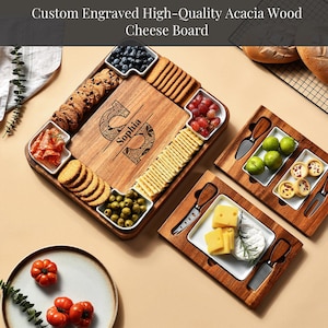 Juego de cuchillos y tabla de queso multiseccional de acacia, bandeja para servir comida, plato de carne y queso, regalo del día de la madre