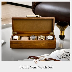 Watch Box For Men, Personalized Watch Storage Box with 5 Slots, Best Wood Organizer for Personal Stuff Like AirPods, Small accessories image 2