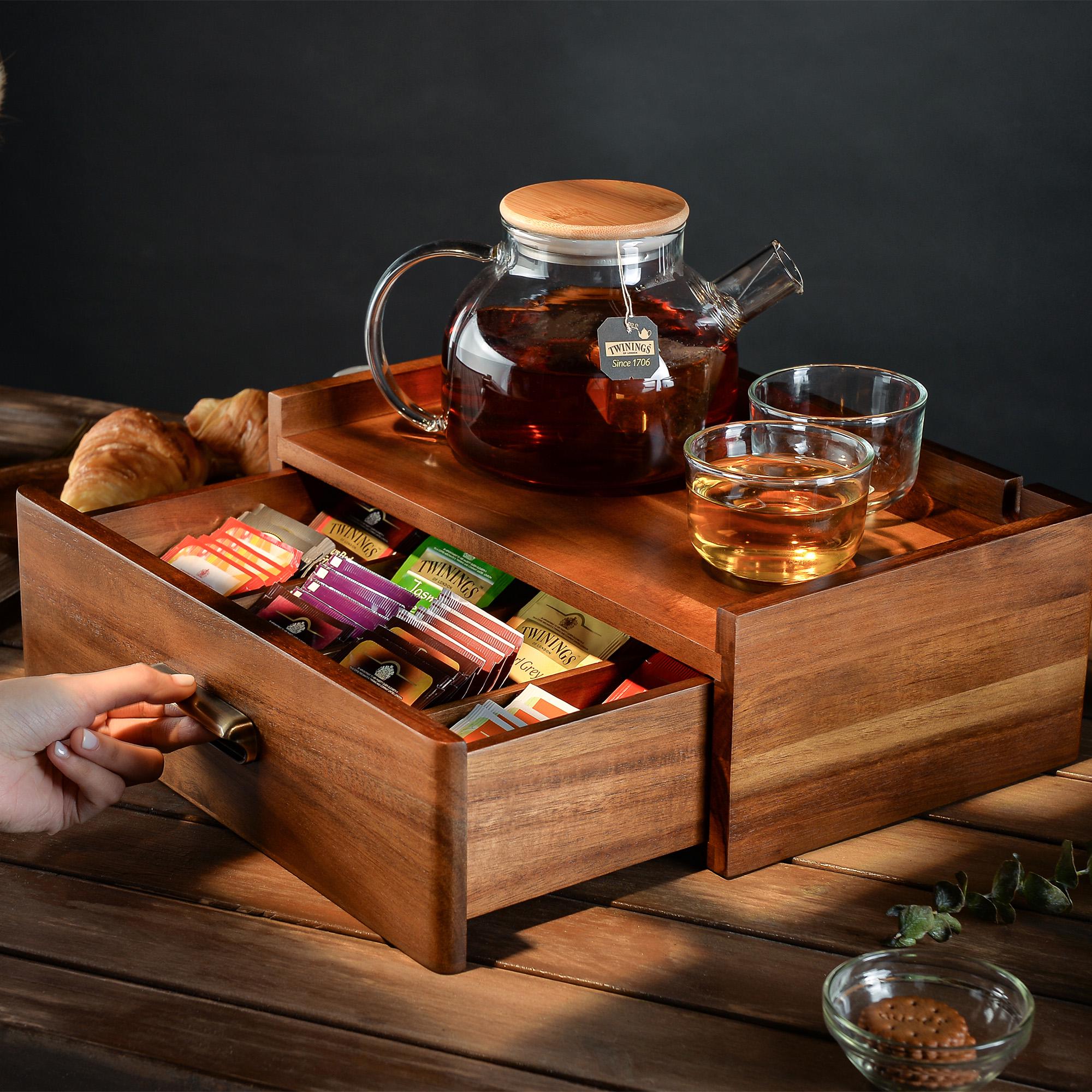 Personalized Wooden Tea Box Drawer Organizer for Kitchen Storage
