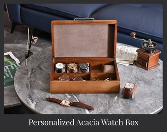 Personalized Wooden Watch Box, Engraved Large Acacia Storage with 5 Slots and Divider, Personal Stuff Organizer, Custom Wedding Gift For Men