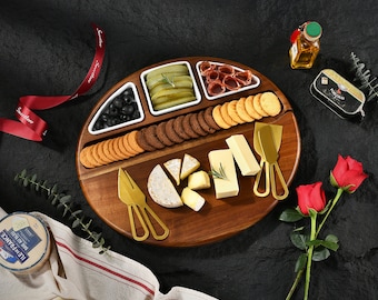 Oval Cheese Board Set - Acacia Wood Charcuterie Board with Nesting Bowls and Utensils, Personalized 60th Birthday Presents for Mum or Dad