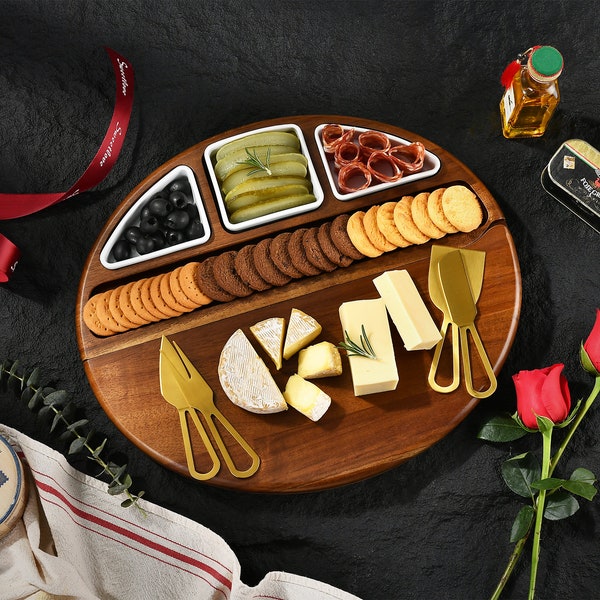 Oval Cheese Board Set - Acacia Wood Charcuterie Board with Nesting Bowls and Utensils, Personalized 60th Birthday Presents for Mum or Dad