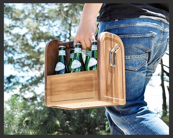 Wooden Beer Caddy with Bottle Opener, 6 Pack Liquor/Cocktail Crate, Large Bottle Holder for Beer Lovers, Travel Drink Caddy, Guy Gift Ideas