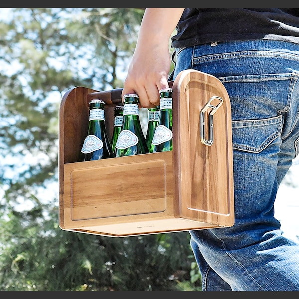 Wooden Beer Caddy with Bottle Opener, 6 Pack Liquor/Cocktail Crate, Large Bottle Holder for Beer Lovers, Travel Drink Caddy, Guy Gift Ideas