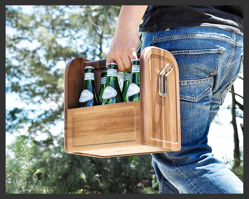 Wooden Beer Caddy With Bottle Opener 6 Pack Liquor/cocktail Etsy