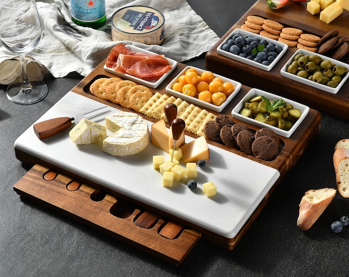 Shanik Wood – conjunto de tábua de queijos de mármore com 3 tigelas de cerâmica – conjunto de talheres de aço inoxidável