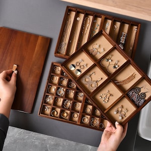 Personalized Jewelry Collection Storage  Wooden 3-Piece Stackable Trays Box with Rearrangeable Grid slots for Rings  Necklaces  Earrings