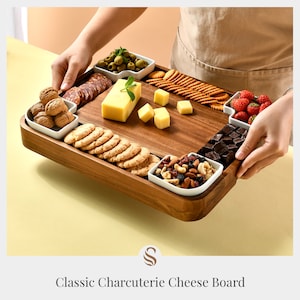 Acacia Multisectional Cheese Board and Knife Set, Wooden Serving Tray for Food, Meat and Cheese Platter, Mothers Day Gift image 4