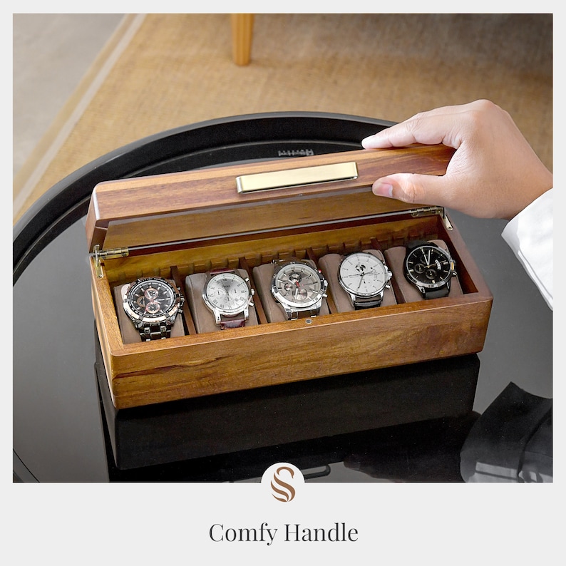 Watch Box For Men, Personalized Watch Storage Box with 5 Slots, Best Wood Organizer for Personal Stuff Like AirPods, Small accessories image 8