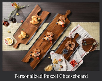 Custom Cheese Board Set 3 Pcs Wooden Serving Platter For Wine Appetizers Puzzle Cutting Board, Long Charcuterie Board with Handles, Engraved