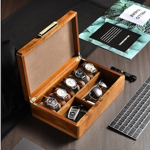 Watch Box For Men  Personalized Watch Storage Box with 5 Slots  Best Wood Organizer for Timepieces  AirPods & Accessories  Valentine Gift