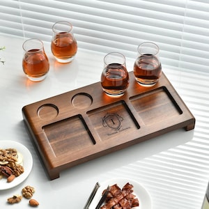 Gourmet whiskey and snack board set with glasses and sections bourbon pairing tasting tray foodie bourbon paddle elegant whiskey gift set