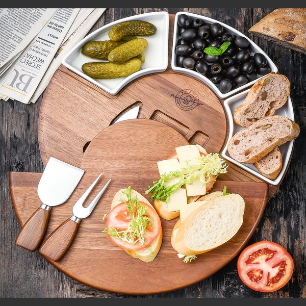 Hochwertiges rundes Käsebrett mit ausziehbarer Oberseite, Schalen, Besteck-Messer-Set, Wurstbrett, Servierplatte, Hochzeitsgeschenk