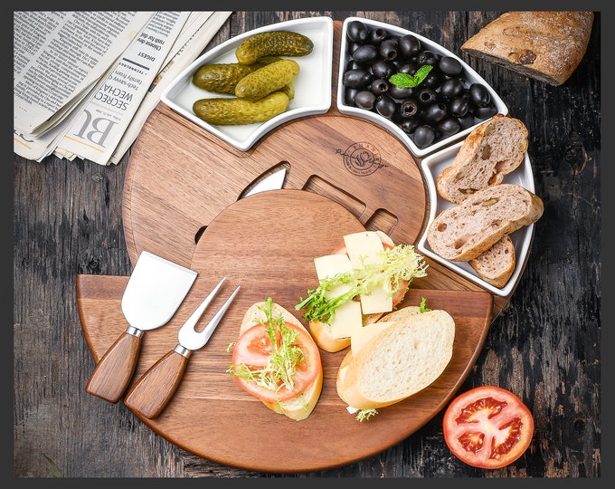 Round Charcuterie Board with Knives, Cheeseboard with Slide out Top, Bowls & Cheese Knife Set, Serving Platter, Housewarming Wedding Gift