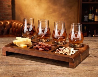 Whiskey flight board engraved bourbon gifts for men whiskey related gifts personalized flight and snack plate engraved 4 whiskey glasses