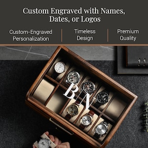 a wooden watch case with multiple watch faces displayed inside it.
