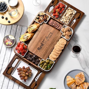 Custom Engraved Charcuterie Board with Bowls Cutlery Personalized Wooden Cheese Tray Gift for Couple Housewarming Wedding Foodie Present