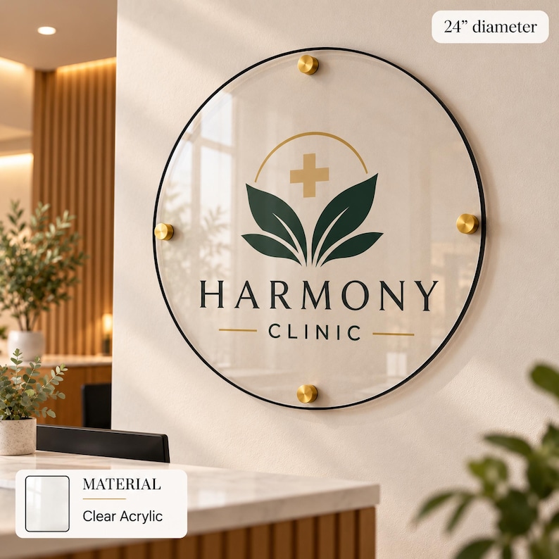a round glass sign with the word "HARMONY CLINIC" displayed on it, mounted on a wall.