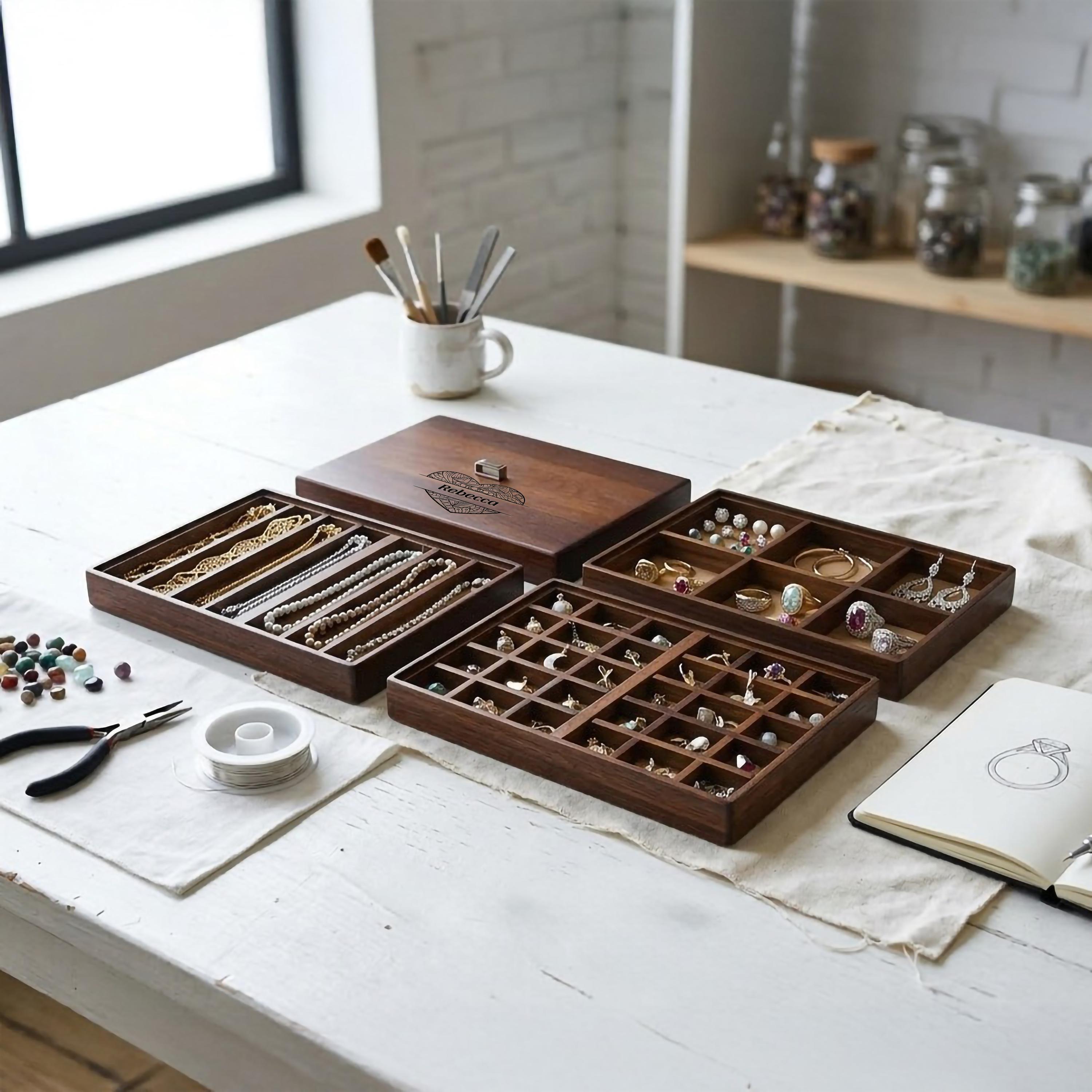 Jewelry Maker Organizer Stackable Wooden Tray Box With 56 Compartments ...