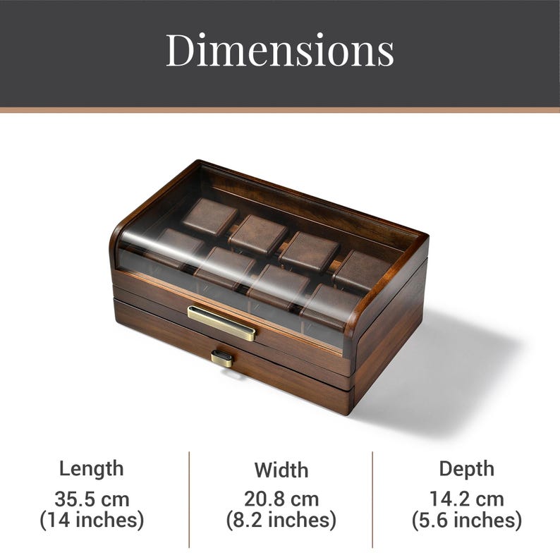A wooden watch box with a clear glass front, displaying the dimensions of the watch box and the watch inside.