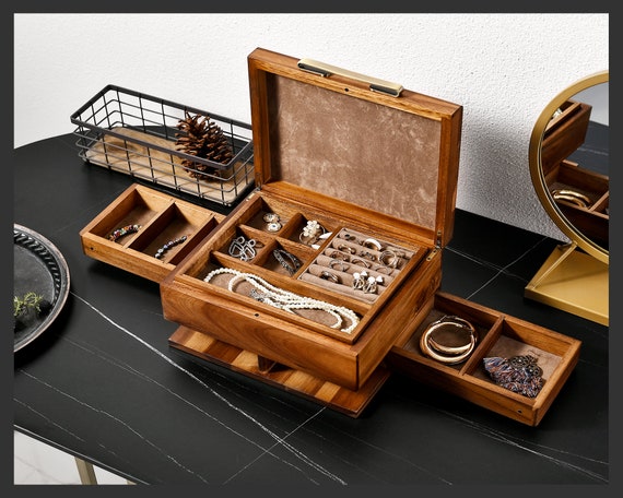 Custom Engraved Wooden Box With Compartments, Ring Holder Section, Drawers  and Removable Jewelry Tray, Heirloom Quality Jewelry Box 