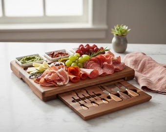 Tabla de quesos, cuencos y juego de cuchillos, tabla de servir grabada, regalo de cierre para agente inmobiliario, bandeja de embutidos y quesos única, regalo para anfitriona, lista para el nuevo hogar.