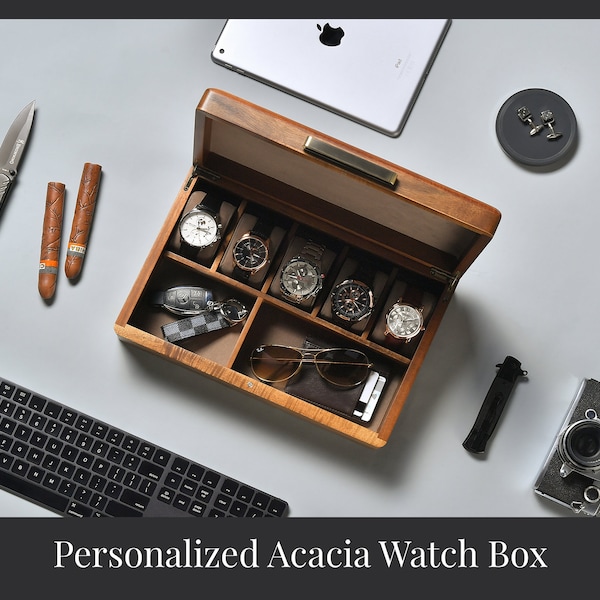 Custom 21st Birthday Watch Box For Men, 5 Slots Wooden Storage with Engravement and Divider, Large Accessories Organizer, Personalized Gift