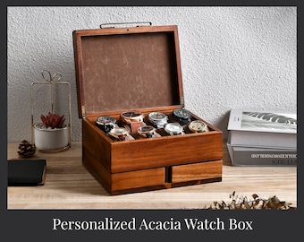 Custom Engraved Name Watch Box, Handmade Wooden Organizer with 8 Slots Divider, Soft Velvet Pillows and Drawers, Personalized Gift For Men