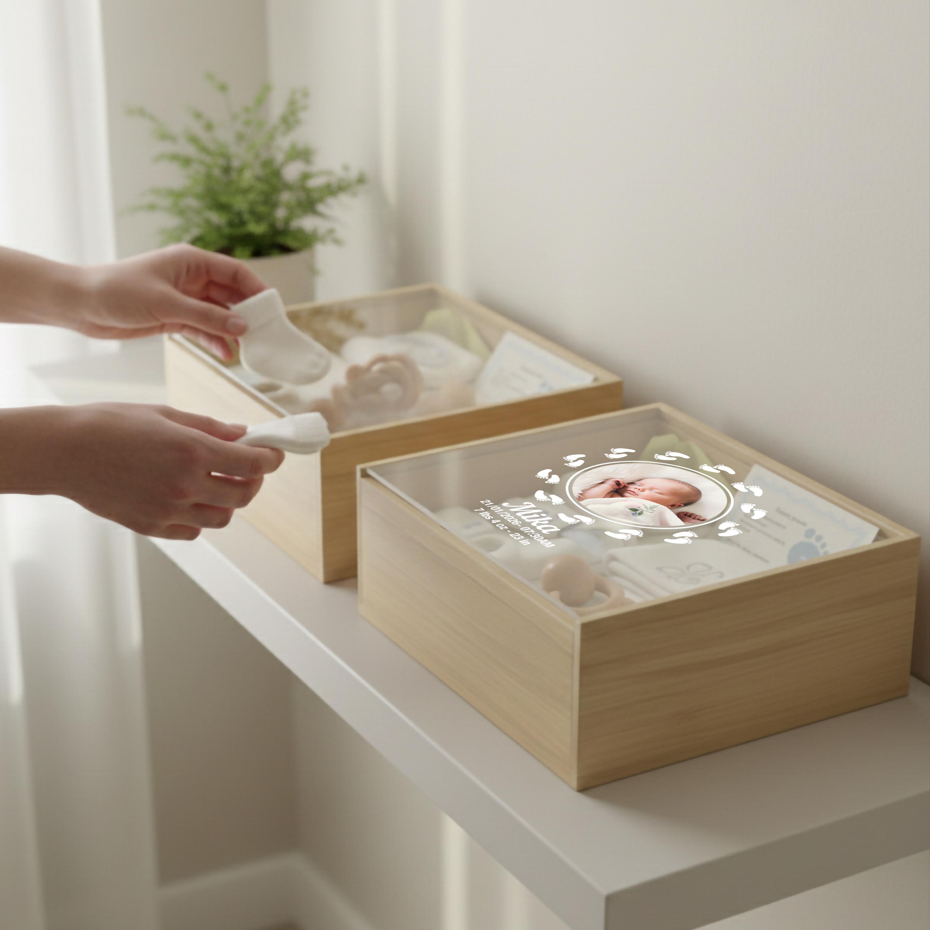 Minimalist Baby Memory Box With Clear Lid Print Baby Photo Birth Stats ...
