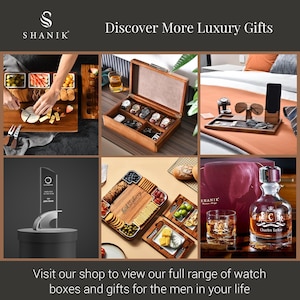 The image is a collage of six different images showcasing various luxury gifts and items, including a wooden box, a wooden tray with a glass, a wooden box with a watch, a wooden box with a pair of sunglasses, a wooden box with a watch, and a bottle of whiskey.