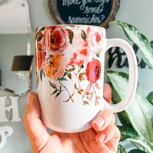 Watercolor Floral Design Ceramic Mug, Gift for a Gardener, Florist, or Flower Lover, Wrap Around Design, Flower Cup, Boho Flowers Pretty