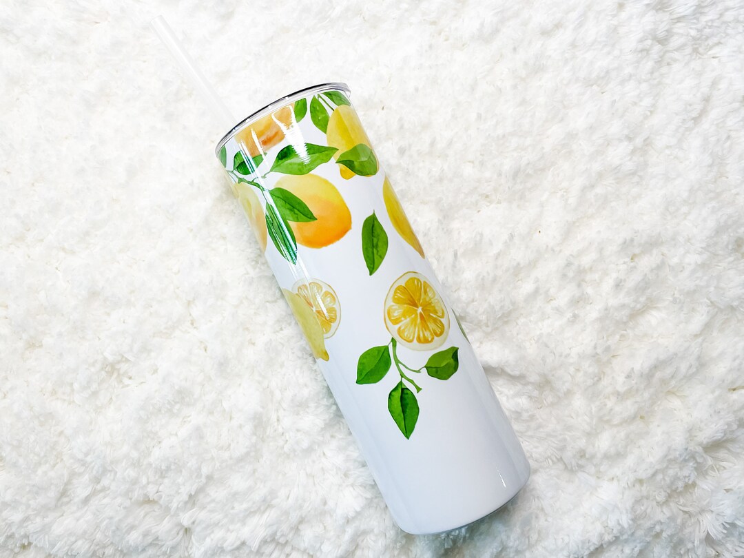 Watercolor Lemon Print Tumbler With Straw 20 Oz Skinny Tumbler Etsy