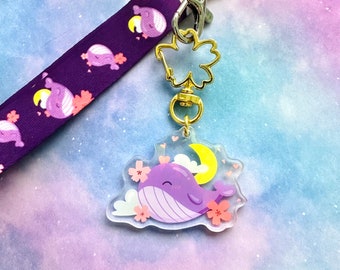 V2 Cute Sparkly Purple Whale Acrylic Keychain | I Purple You - Borahae | Kawaii Whale Charm | BTS Sakura Flower Keychain | Original Art