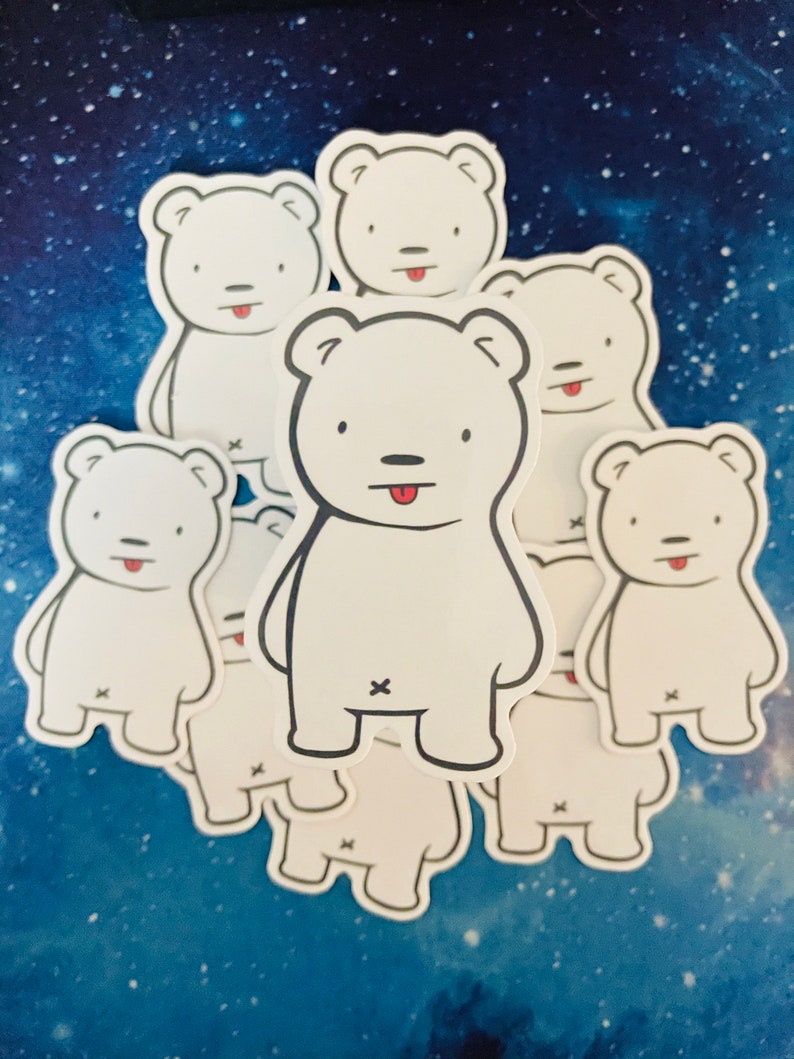 May include: A set of eight white polar bear stickers with black outlines and red tongues sticking out. The bears are all in the same pose, standing with their arms at their sides and their legs slightly apart. The stickers are arranged in a circle, with the largest bear in the center.