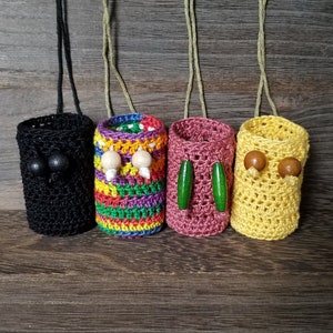 Crochet Drawstring Pouch Necklace, 2” pouch on 32” necklace – Choose Color, Beads, and String: Boho/Hippie/Spiritual Style Accessory/Sachet