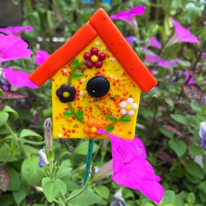 Fused Glass Cardinal Birdhouse Planter: Handmade Cemetery Vase Decoration