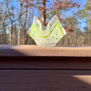 Handmade Fused Glass Candle Holder: Clear Glass with Green Frit