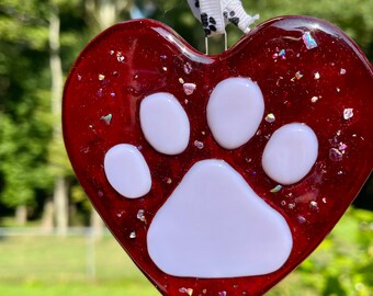 Fused Glass Paw Heart: Handmade Pet Memorial Ornament