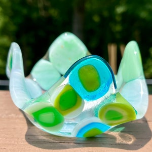 Handmade Fused Glass Tea Light Holder: Blue & Green Home Decor