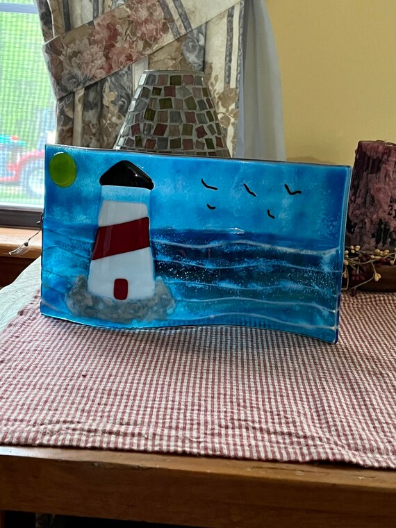 Free Standing Fused Glass Lighthouse Etsy