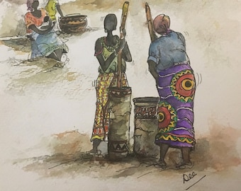Das Korn klopfen... Afrikanische Kunst, Erinnerungen an Malawi, Original Aquarelle, tägliche Skizzen, Skizzen von Dee